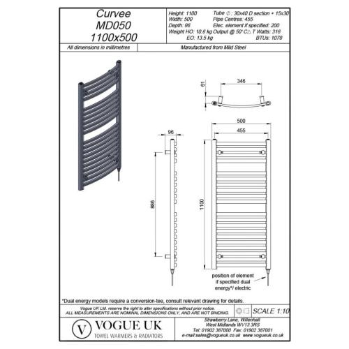 Vogue Curvee 1100 x 500mm Arched Crossbar Towel Rail Heating Only White 1078BTU MD050 MS1100500WH